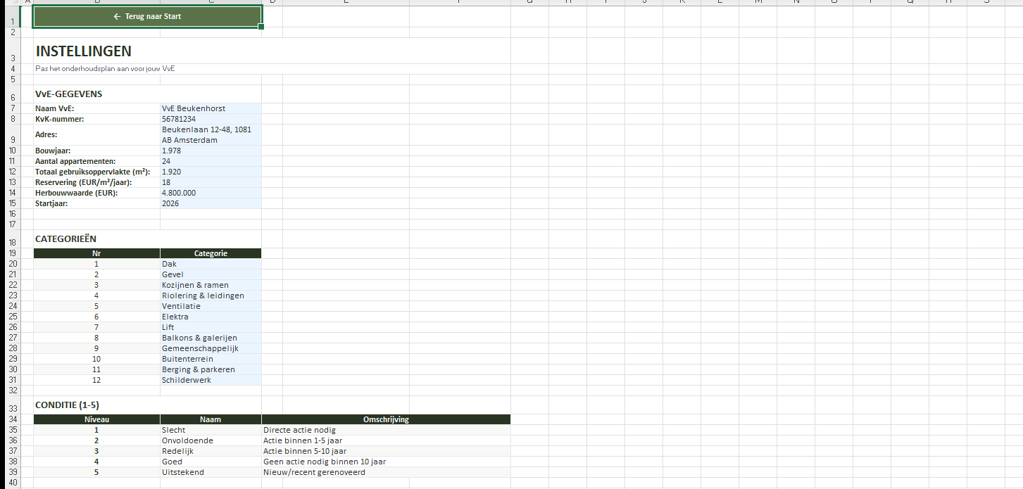 Onderhoudsplan Excel instellingen VvE-gegevens