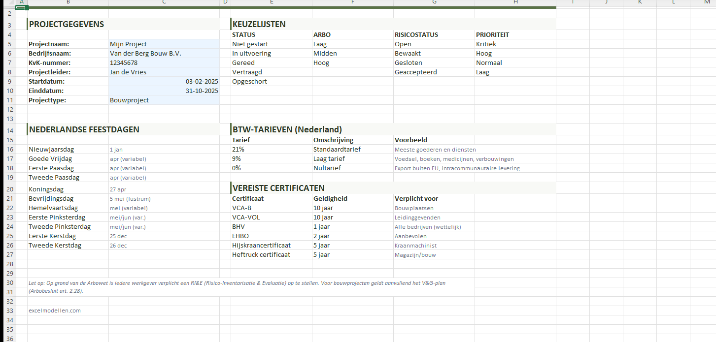 Instellingen met projectgegevens, keuzelijsten, feestdagen en BTW-tarieven