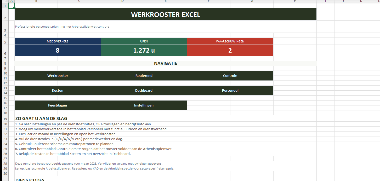 Werkrooster Excel startpagina met KPI overzicht en navigatie