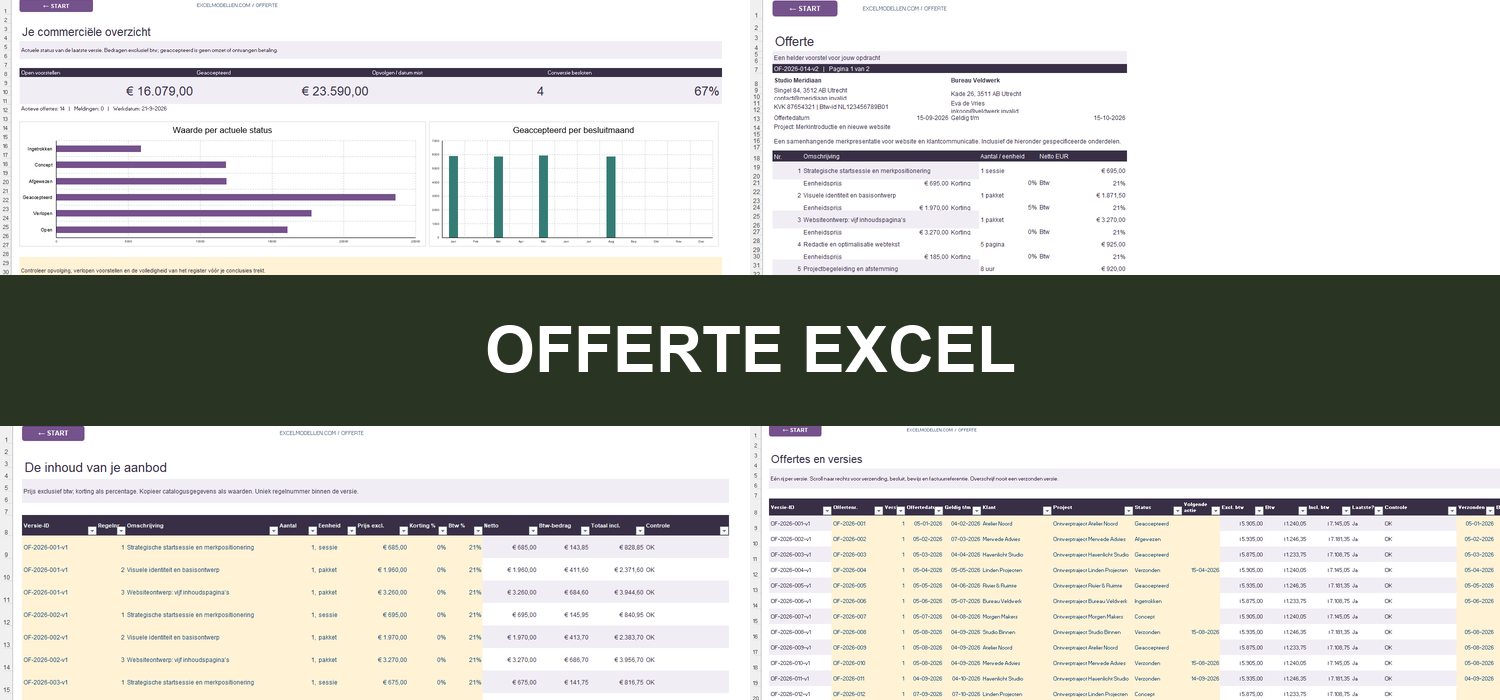 Offerte Excel met dashboard, PDF-offerte, offerteregels en versiebeheer