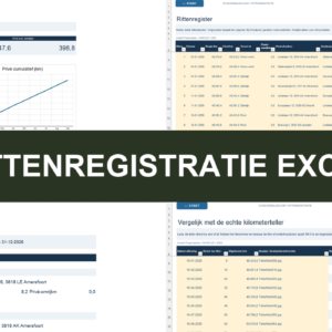 Rittenregistratie Excel met dashboard, rittenregister, rapport en tellercontrole