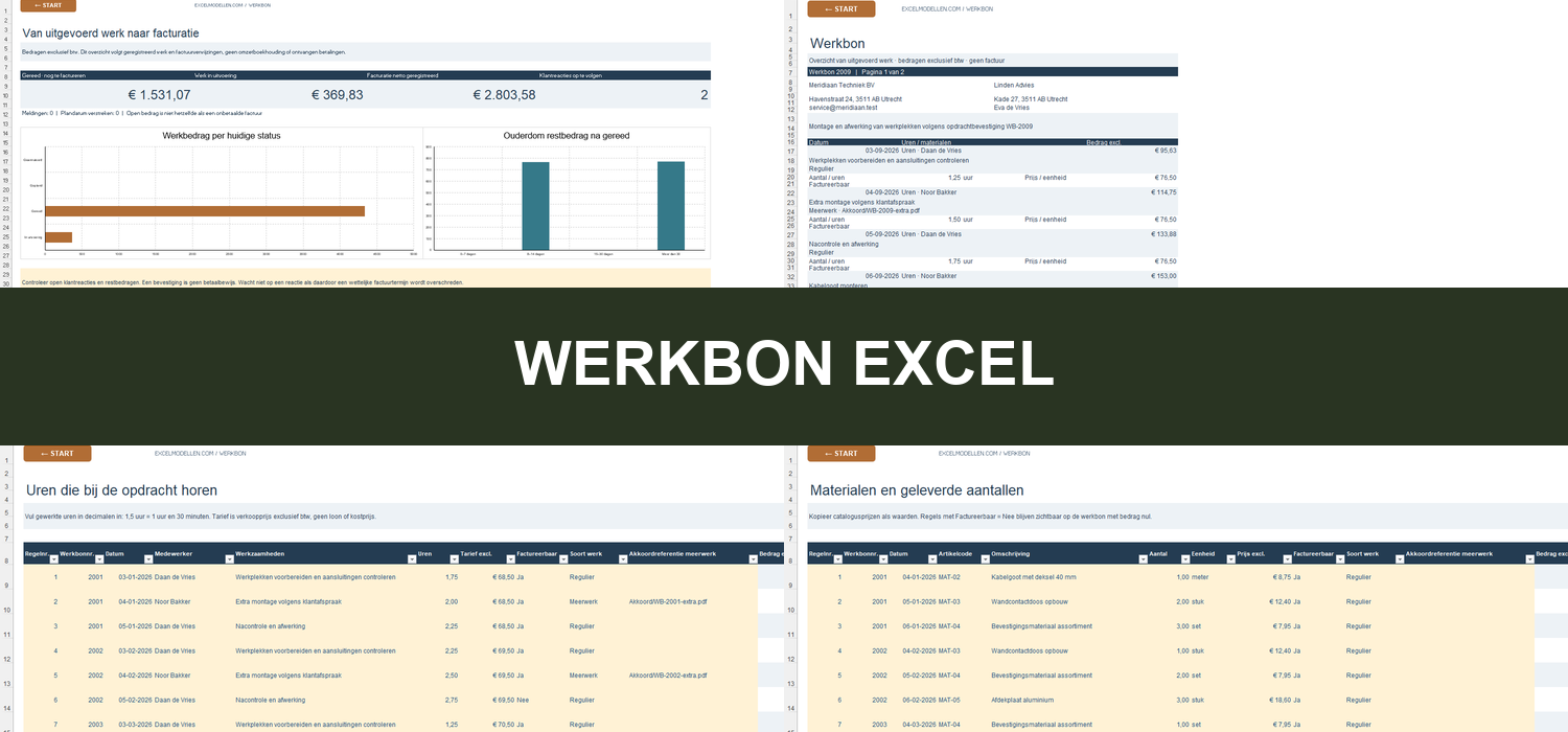 Werkbon Excel met dashboard, werkbon, uren en materialen
