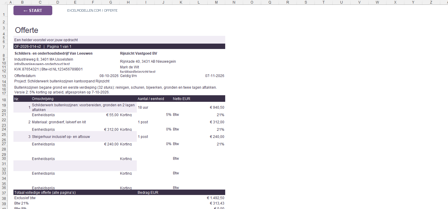 Offerteblad in Excel voor OF-2026-014 versie 2 met drie regels, 5% korting op arbeid en een totaal van 1.492,50 euro exclusief btw